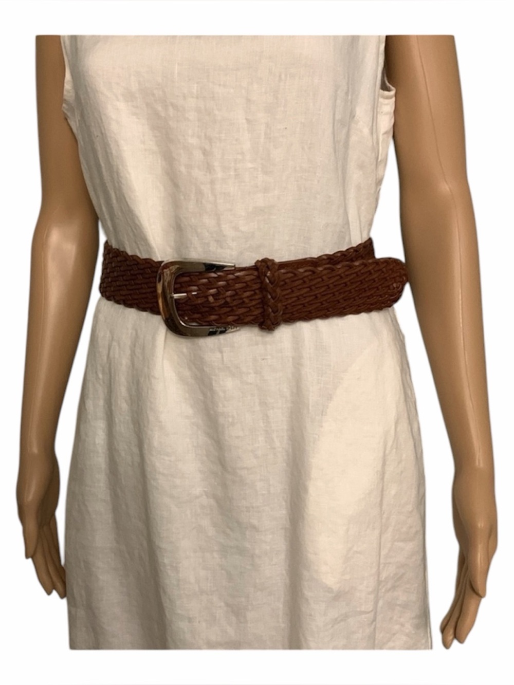 Michael Kors Brown Woven Leather Belt with Silver Buckle